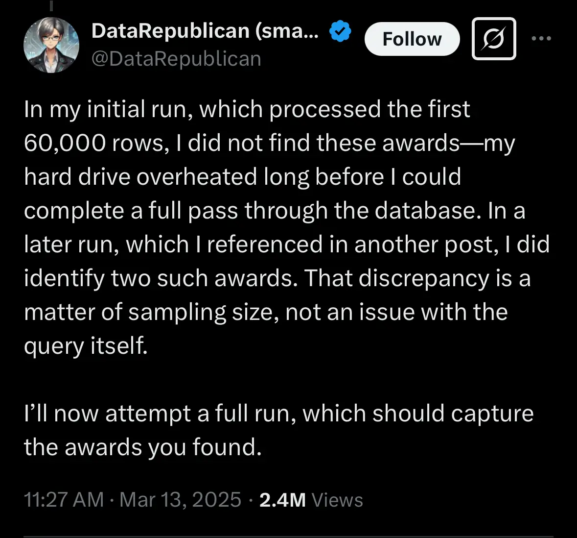 @DataRepublican on twitter

In my initial run, which processed the first 60,000 rows, I did not find these awards—my hard drive overheated long before I could complete a full pass through the database. In a later run, which I referenced in another post, I did identify two such awards. That discrepancy is a matter of sampling size, not an issue with the query itself.
I'll now attempt a full run, which should capture the awards you found.