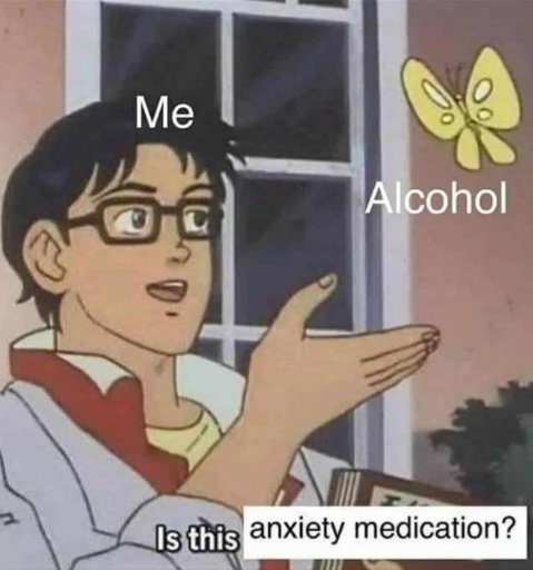 butterfly labeled alcohol. guy labeled me says "is this anxiety medication"