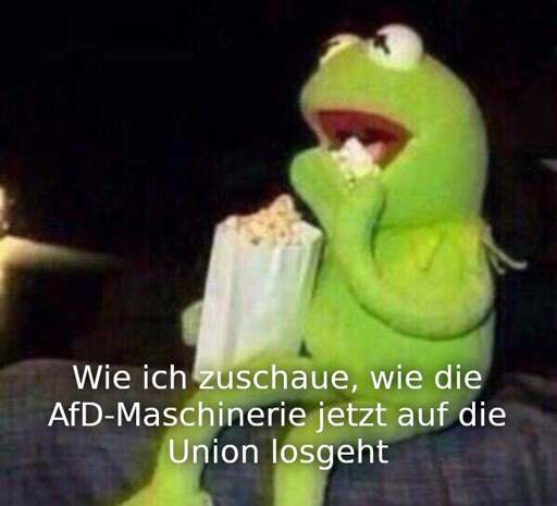 Kermit der Frosch isst Platzmais. Text unten: "Wie ich zuschaue, wie die AfD-Maschinerie jetzt auf die Union losgeht."