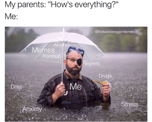 a man with an eye patch is chest deep in flood water holding an umbrella in a downpour of rain. the man is.labeled Me. everything else is labeled Alcohol Drugs Memes Porn Stress Debt regrets Anxiety