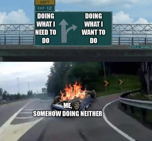 car turning on the offramp meme. sign going straight down the road is labeled Doing what I need to do. the sign to the offramp is labeled doing what I want to do. the car is flipped upside down and is on fire and is labeled Me somehow doing neither